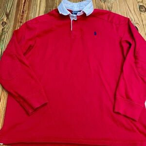 Vintage Polo Ralph Lauren Shirt Mens Large Red Rugby White Collar Elbow Patch